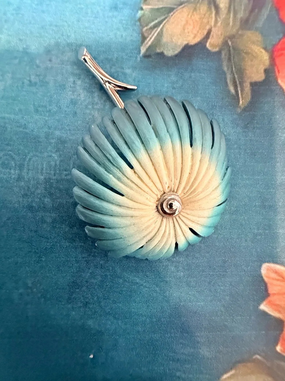 Teal and Cream Decorative Enamel Brooch